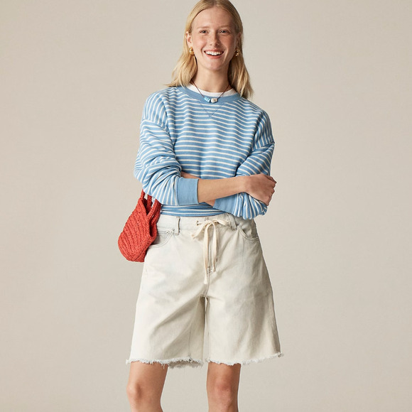 J.Crew Relaxed Knee Length Denim Short Tie Drawstring Bleach Wash 35 NWT - Picture 1 of 13